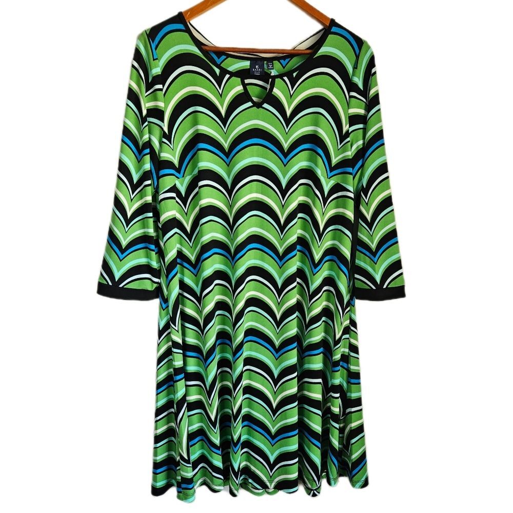Kaari Blue Shift Dress Women's 0X 70's Graphic Stripe Plus Size Psychedelic Mod‎